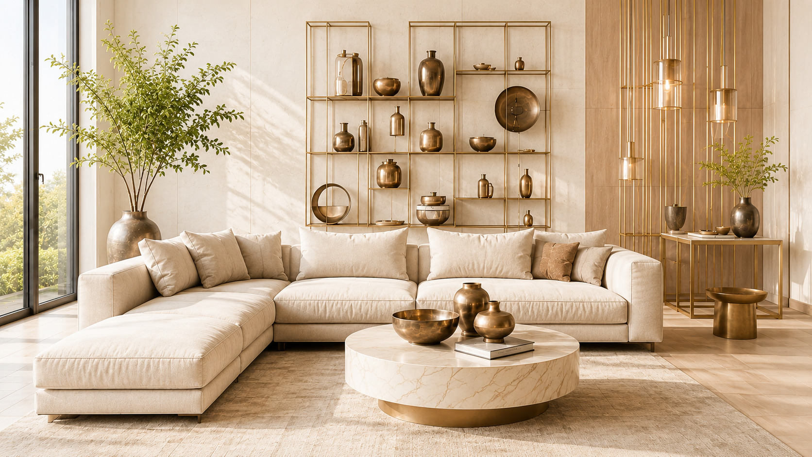 Luxury living room featuring a handcrafted metal wall installation